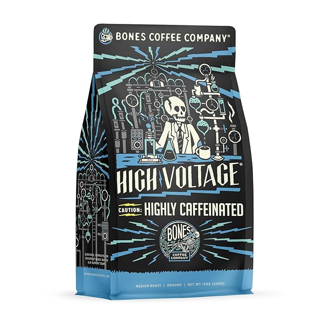 Bones Coffee Company High Voltage, Highly Caffeinated Unflavored Coffee, Medium Roast Low Acid Arabica Beans Compatible with Auto drip and French Press Coffee Maker, 12 Oz Ground
