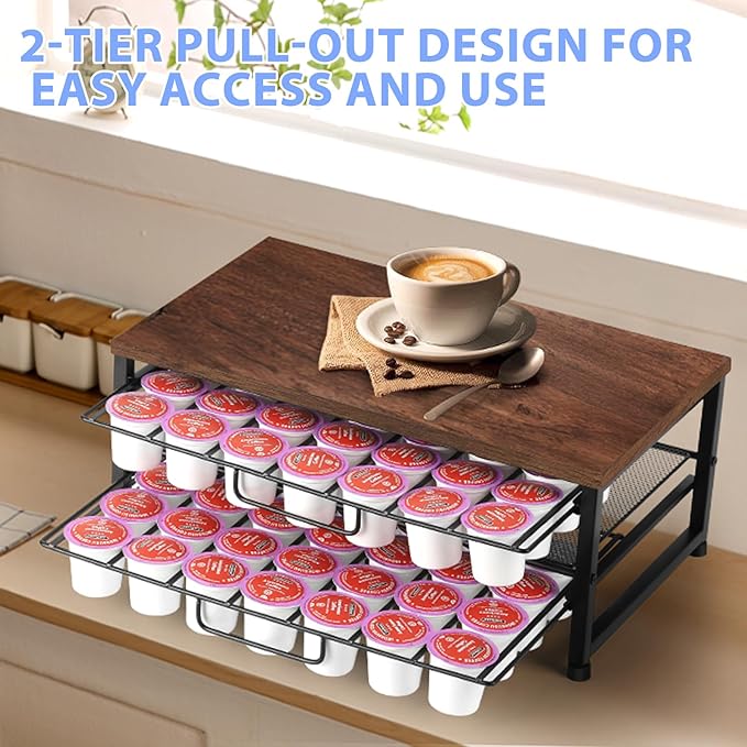 K Cup Holder Organizer for 70 Pods, 2-Tier Coffee Pod Holder for K-Cup with 2 Sliding Storage Drawers, Coffee Station Bar Organizer for Kitchen Countertop, Home & Office, Wooden