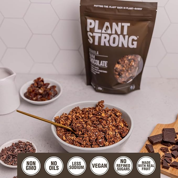 PLANTSTRONG Dark Chocolate Granola Snack Mix - Whole Grain, Naturally Sweetened With Fruit, Plant Based, Oil Free - Pack of 4 x 9oz Bags