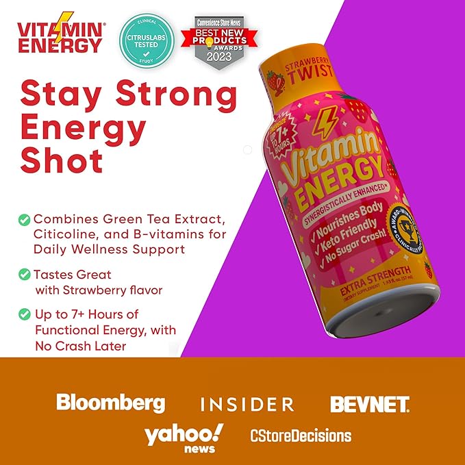 Vitamin Energy Immune+ Extra Strength Energy Shot Strawberry Twist 24 Pack, 260mg Natural Caffeine, B-Vitamins, Citicoline, Green Tea, Immunity & Focus Support, Zero Sugar, Gluten-Free 1.93 fl oz