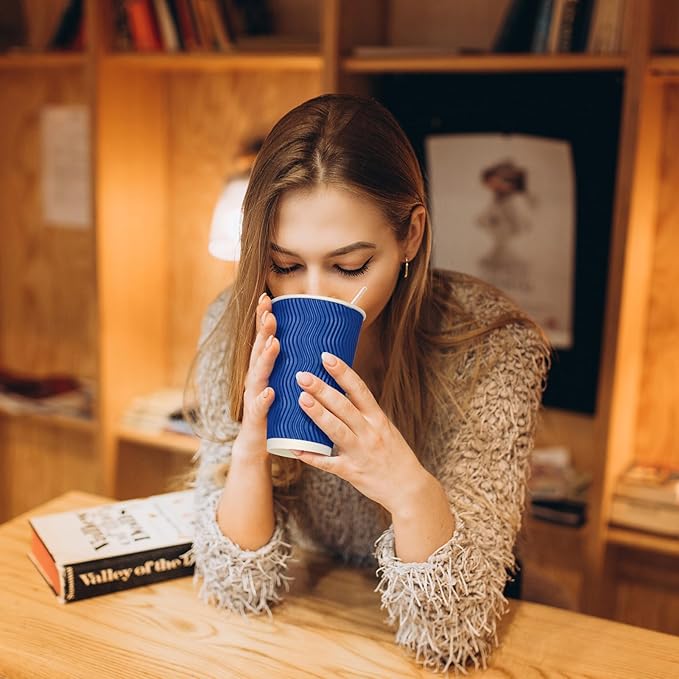 JollyPack 120 Pack 16 oz Paper Coffee Cups, Blue Disposable Beverage Cups with Insulated Ripple Wall for Coffee, Tea, and Hot Chocolate