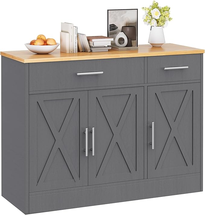 Vongrasig Sideboard Buffet Cabinet with Storage, 43” Farmhouse Coffee Bar Storage Cabinet with Drawers and Shelves, Modern Buffet Table for Kitchen, Dining Room, Grey