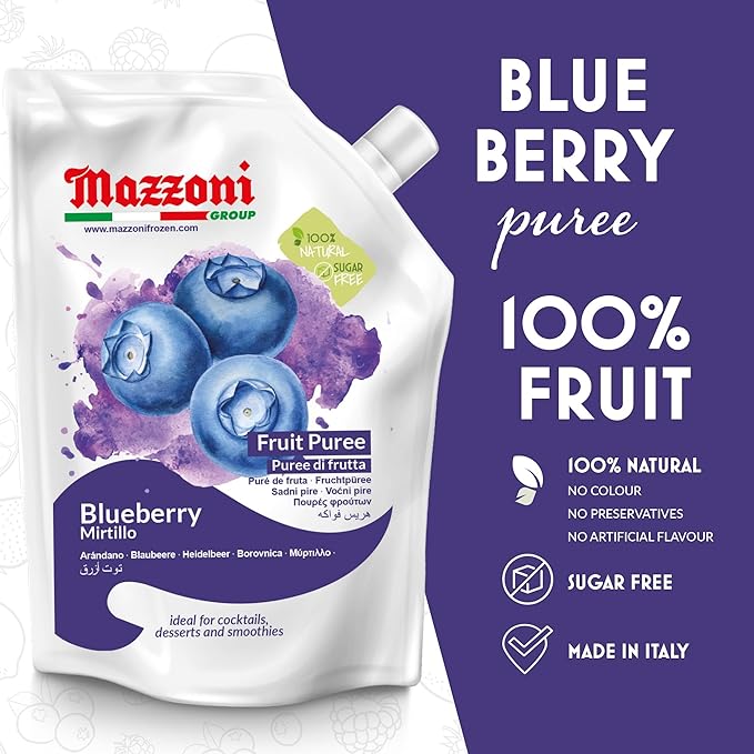 Mazzoni Blueberry Puree, 100% Pure Blueberries, Just Fruit, No Sugar Added, 2.2 lbs (35.2 oz) RMixer for Cocktails, Drinks, Smoothies. Convenient Pouch, Made in Italy