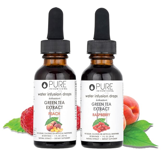 Pure Inventions - Green Tea Raspberry & Peach Water Infusion Drops -Antioxidants & Electrolytes -Health & Wellness -Immune Support -Sugar Free, Zero Calorie, No Artificial Sweeteners -30 Servings Each