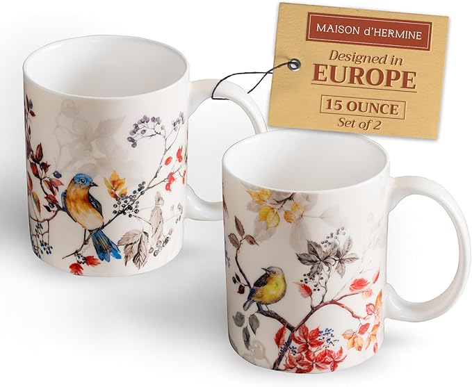 Maison d' Hermine Coffee Mug with Handles Fine Bone China Mugs Pack of Two Tea Cups for Hot Beverages Cappuccino Latte Home Restaurant Office Perfect for Gift (Equinoxe - Beige, 15 Ounce)