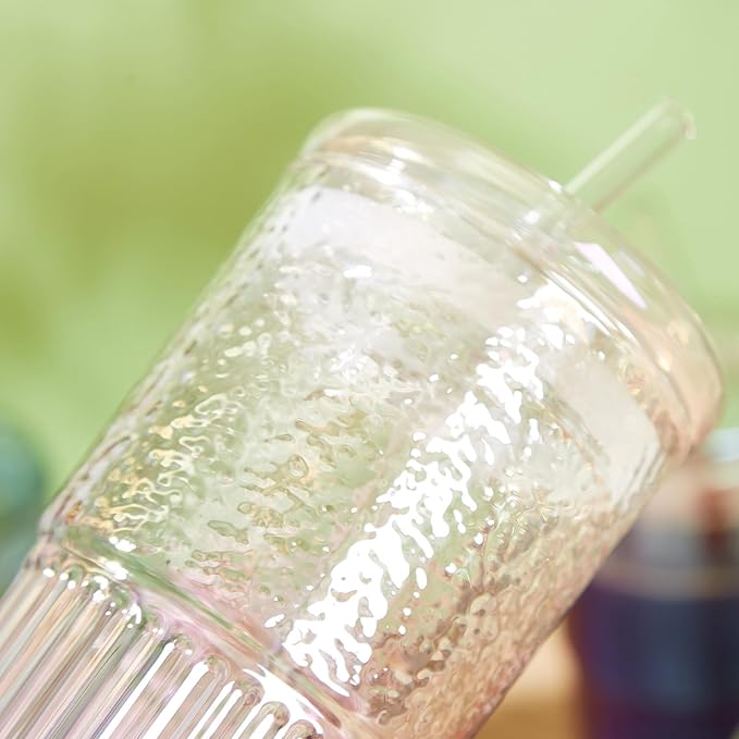 Glass Cups with Lids and Straws, 20 OZ Multi Iced Coffee Glasses Tumblers for Ice Water, Juice, Tea, Milk, Smoothie and Cold or Hot Drinks, Set of 2