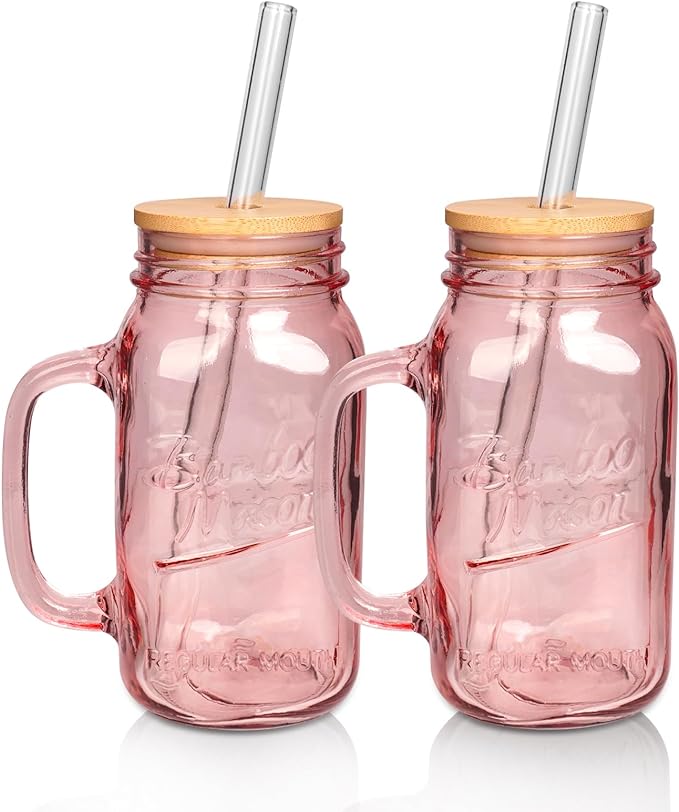 ANOITON Tumbler with Handle and Straw, 24 oz Pink Mason Jars with Handles Drinking Glasses Pink Glassware Colored Glass Cups with Lids and Straws Gifts for Women Birthday Gifts for Women