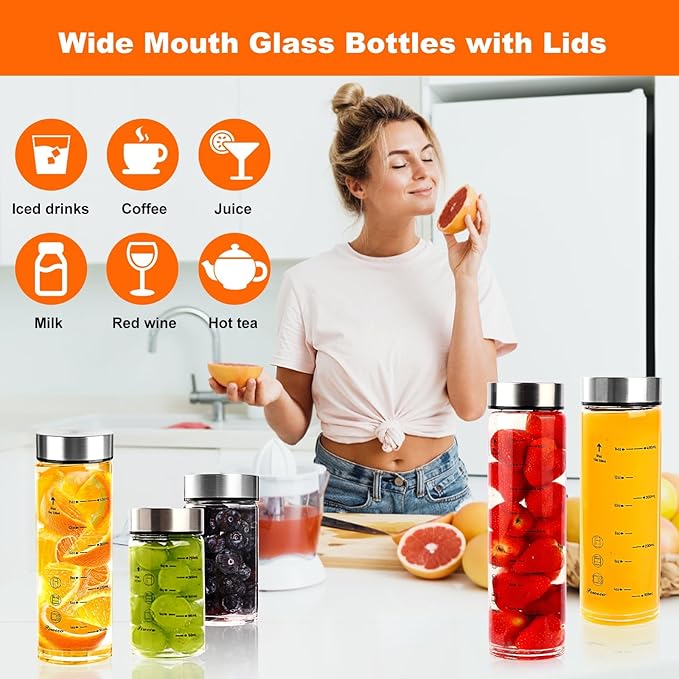 Glass Juice Bottles 4 Pack 16 oz - Wide Mouth Glass Water Bottles with Lids - for Juicing, Protein, Smoothie, Milk, Reusable, BPA Free, Stainless Steel Lids, Blender, Shaker Bottle [16oz/500ml]