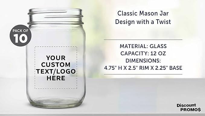 DISCOUNT PROMOS Custom Decorating Mason Jars 12 oz. Set of 10, Personalized Bulk Pack - Glass Jars for Overnight Oats, Candies, Fruits, Pickles, Spices, Beverages - Clear