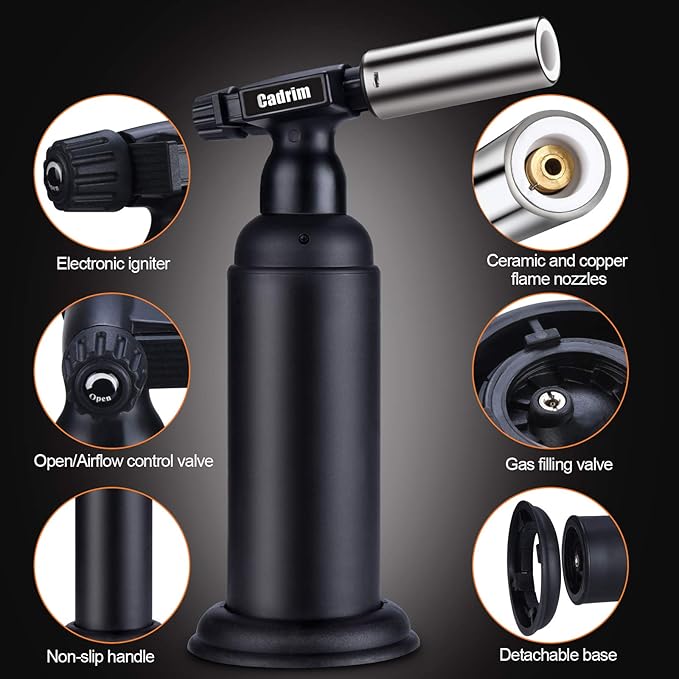 Cadrim Butane Torch, Refillable Pro Culinary Blow Torch Double Fire Cooking Torch and Small Adjustable Flame Kitchen Torch for Creme Brulee, Baking BBQ (Jat black)