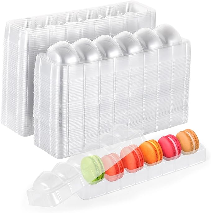 50 PCS Macaron Boxes, 6-Slot Dessert Cases for Macarons Small Cakes, Clear Plastic Macaron Storage Containers, Macaroon Packaging Display Trays for Cookie Wedding Party Gifts （8.9 x 2.0 x2.6in）