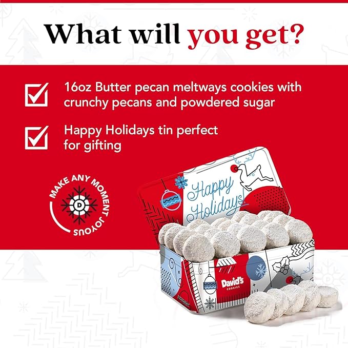 David’s Cookies Winter Wonderland Butter Pecan Meltaway Cookies Tin - Delicious Butter Cookies with Crunchy Pecans - Soft & Melt In Your Mouth Flavorful Cookies, Gourmet Holiday Food Gift Basket 16oz