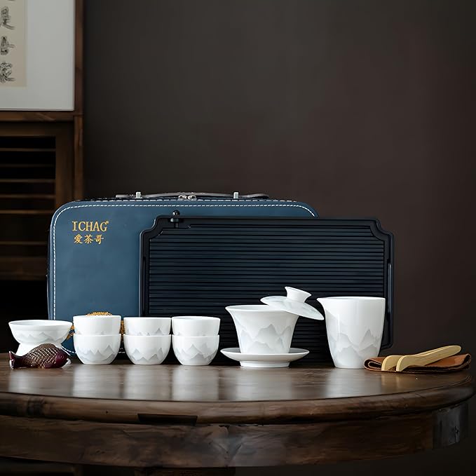 ICHAG Chinese Tea Set, Gongfu Tea Sets for Adults, China Gaiwan Teaset, 14-Piece Yangzhi Jade (茶具) Porcelain Set with Suspended Gaiwan & Tea Pet, Portable Travel Teaset for Home, Outdoor, Office Gifts