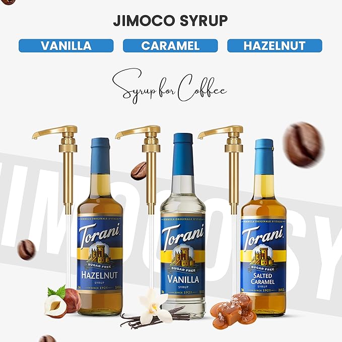 Coffee and Tea Syrup Variety Pack - Sugar Free Vanilla, Salted Caramel & Hazelnut Syrups for Coffee with 3 Jimoco Syrup Pump Dispenser Compatible with 25.4 Ounces