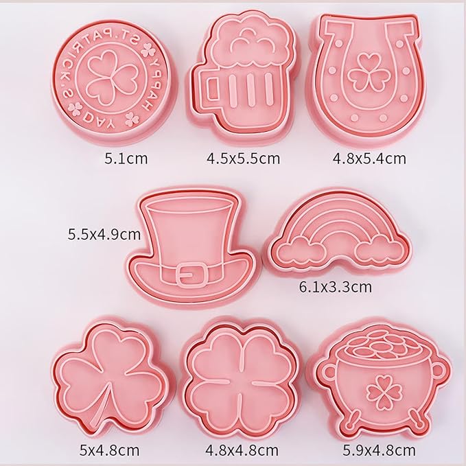 St. Patrick's Day Cookie Cutters, 8Pcs 3D Plastic Cookie Molds Cartoon Shamrock Four Leaf Clover Horseshoe Biscuit Cutters for Irish Holiday Party Baking Cutting Tool (D8)