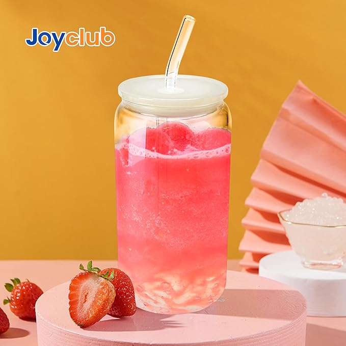 Joyclub 4pcs Glass Cups with Acrylic Lids and Straws 16 oz Can Shaped Glass Iced Coffee Cups with Lids and Straws, Cute Tumbler Cup Drinking Glasses for Smoothie Whiskey Boba Soda Tea Gift