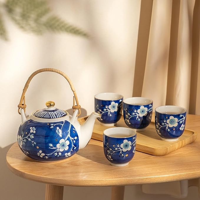 Japanese Tea Set, 25 oz Ceramic Tea Sets with Teapot and Cup Set for 4, Blue and White Tea Sets for Adults with Removable Stainless Infuser and Bamboo Tray, Tea Gifts Set for Tea Lovers