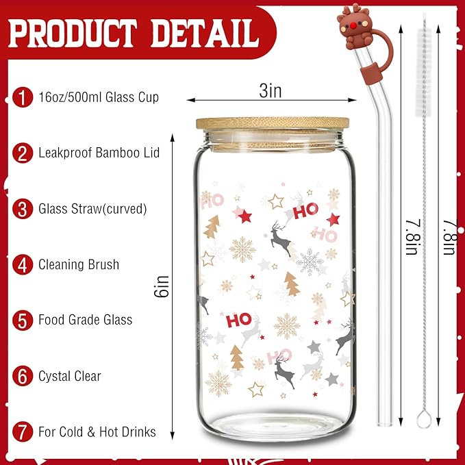 Christmas Reindeer Glass, 16 Oz Winter Iced Coffee Glass with Straw and Lid, Reindeer Themed Perfect for Christmas and Holiday Celebration Decorations (One)
