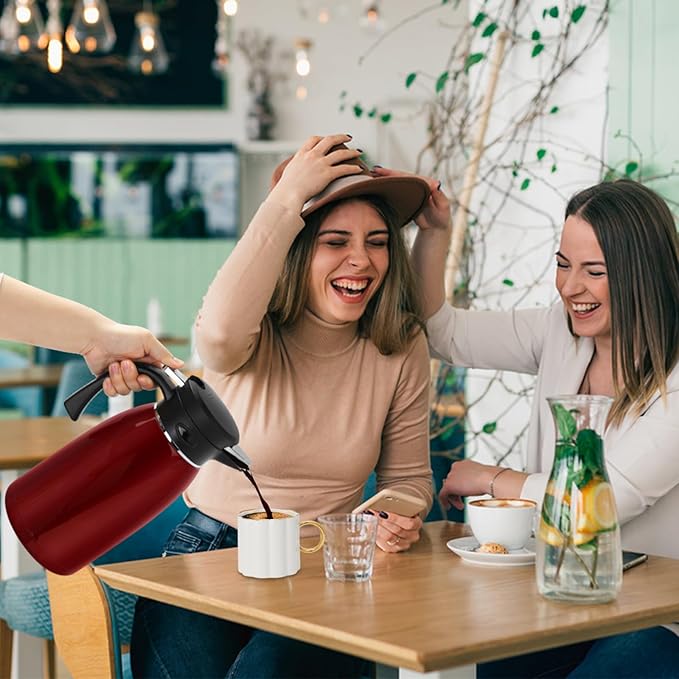 70oz Thermal Coffee Carafe, 2L Stainless Steel Thermos for Hot Drinks, Double Wall Vacuum Carafe for Hot Liquids Large Tea Thermos for Home School Office for Valentine's Day Burgundy