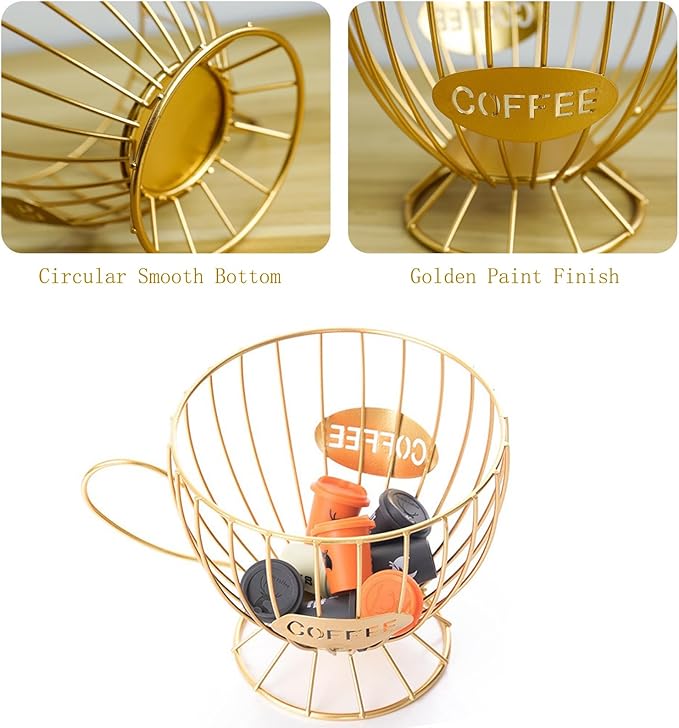 Extra Large Capacity Coffee Pod Holder, Counter Organizer, Capsule Basket, Coffee Bar Accessories for K-cup Kitchen, Dining Room, Office, Home, Cafe, Hotel (Gold)