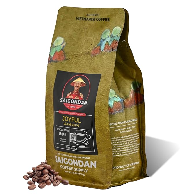 Vietnamese Coffee Beans - Saigondan Joyful | Medium Roast | 100% Arabica Bourbon | Single Origin | Roasted in Small Batches | Direct Trade | Notes of Orange Blossoms | No Preservatives | 12 Oz