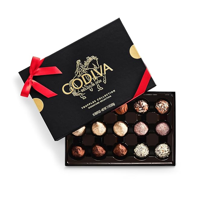 Godiva Red Bow Signature Truffle Gift Box, Belgian Dark and Milk Chocolates with Ganache Centers, Gourmet Holiday Gift, Non-GMO & Kosher, 15 Pc