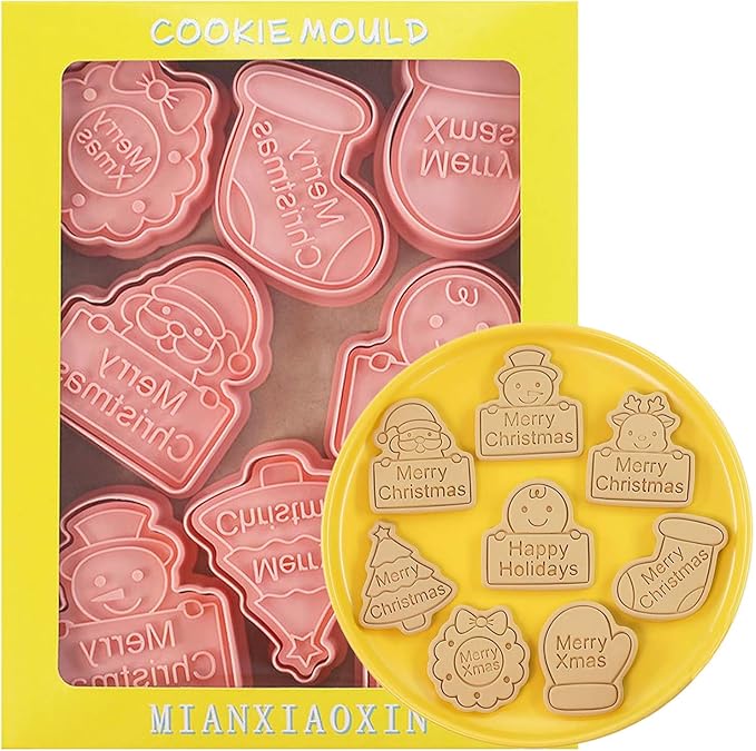8 Piece Christmas Cookie Cutters, 3d Raised Design Gingerbread Cookie Stamps, Cookie Cutter Set suitable for Frosting Decoration, Mini Pie Molds, Apple Pie Pastry Biscuit Cutter (Christmas-F)