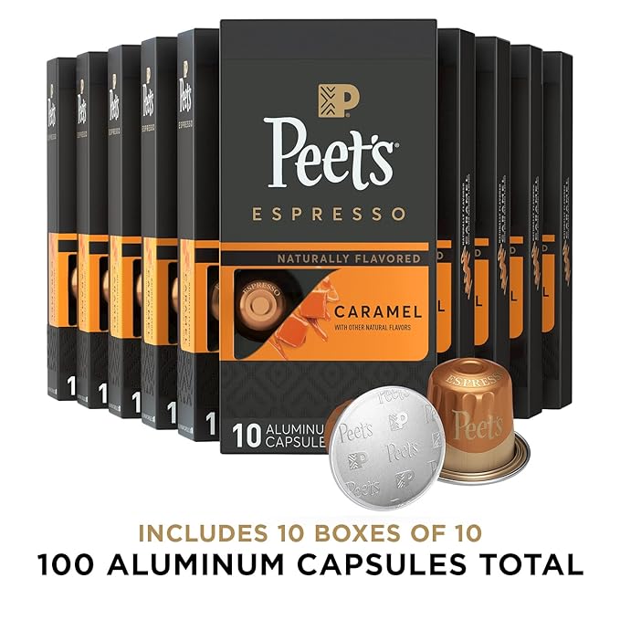Peet's Coffee, Medium Roast Espresso Capsules, Compatible with Nespresso Original Machine - Caramel, 100 Count (10 Boxes of 10 Espresso Capsules)