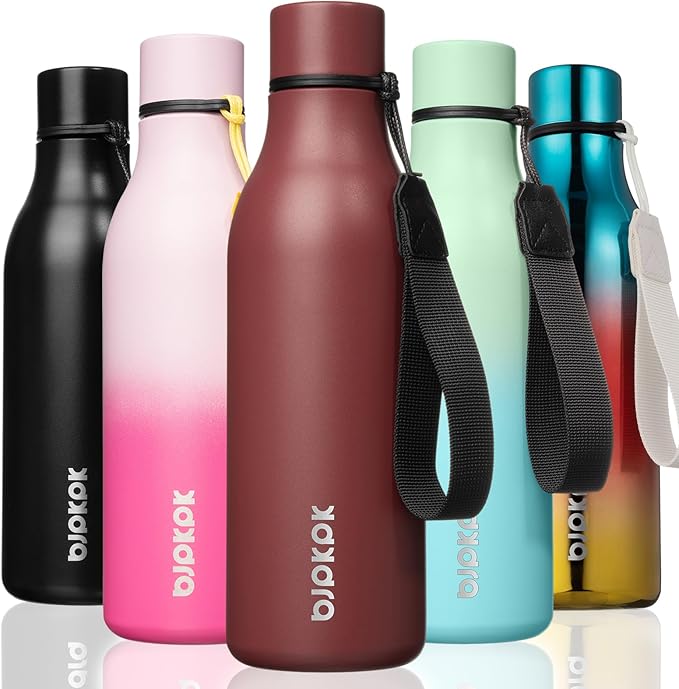 BJPKPK Insulated Water Bottles, 18 oz Stainless Steel Metal Water Bottle with Strap, BPA Free Leak Proof Thermos, Mugs, Flasks, Reusable Water Bottle for Sports & Travel, Brick Red