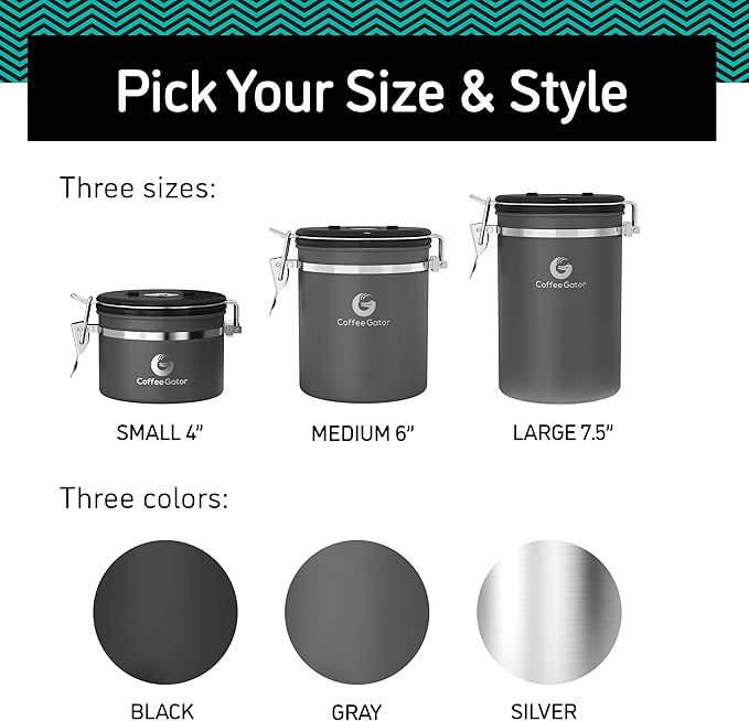 Coffee Gator Coffee Canister, 11oz Airtight Stainless Steel Kitchen Food Storage Container with Date Tracker, CO2-Release Valve and Scoop for Sugar, Beans, Tea, Sugar, Cereal, Cookies Jars - Black