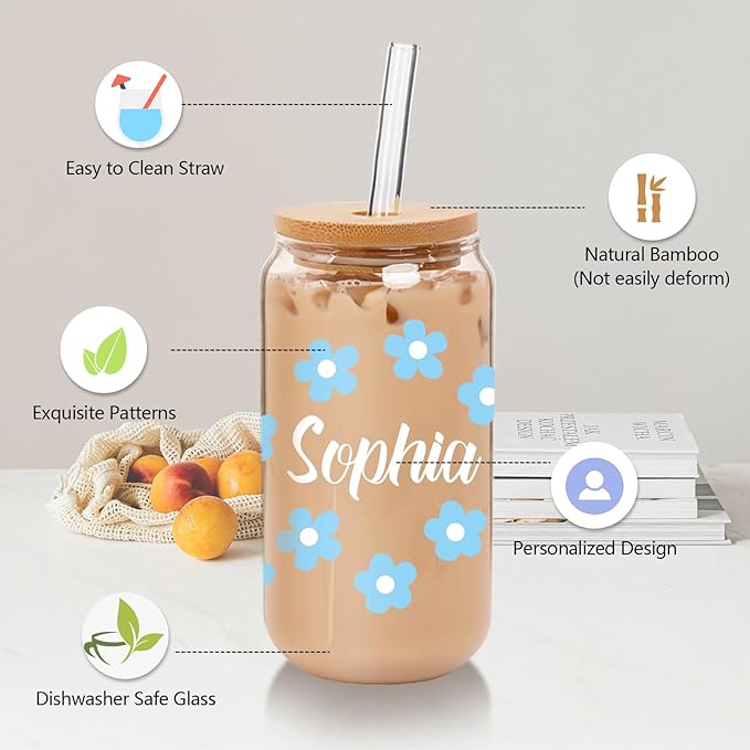 Personalized Glass Cup with Names-Custom Cup Can Shaped Glass with Lids and Straws18OZ Iced Coffee Cups-Gifts for Mothers Day Women Friend (Flower-name)