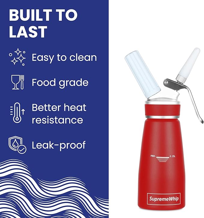 PRO Cream Dispenser, Durable High-Grip, Metal Lid with Rubber, 3 Nozzles, for Hot/Cold Use, Cleaning Brush Included, Red - 250 ml / 1 Pint