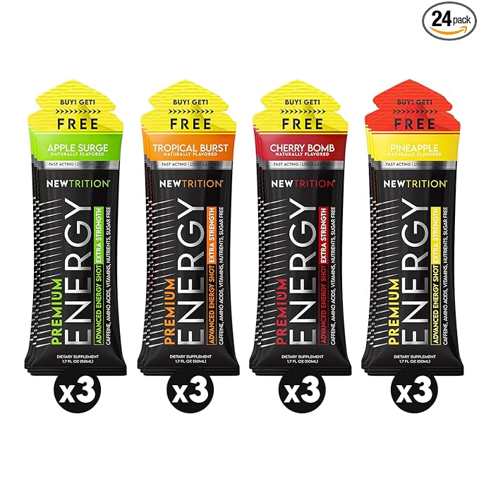NewTrition® Extra Strength Energy Shots, 250mg Caffeine Energy Shots with Vitamin B & Amino Acids, Sugar-Free Vitamin Energy Shot, 1.7 fl oz (Pack of 12, 4 Flavors-Mixed-2)