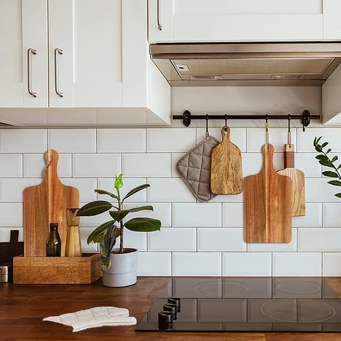 10 Packs Acacia Wood Cutting Board, 15 x 7 Inch Plain Chopping Board with Handles Large Serving Board Wooden Kitchen Cutting Board Bulk with Ropes for Vegetables Meat Pizza Cheese Fruit Bread