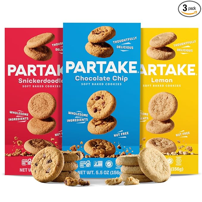 Gluten Free Partake Soft Baked Cookies Variety Pack (Chocolate Chip, Snickerdoodle, Lemon) - Vegan - Free From the Top 9 Allergens Including Dairy, Wheat, Soy, Eggs, & Peanuts - Non GMO - Safe School & Office Snack (3 Pack, 5.5oz Boxes)