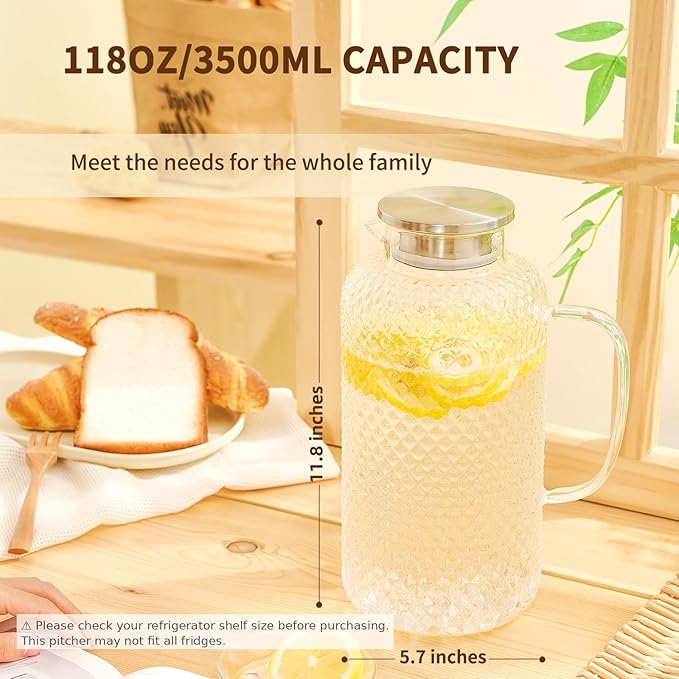 Glass Pitcher, 3.5L/118 oz Glass Water Pitcher with Lid and Spout, Heat/Cold Resistant Borosilicate Glass Water Carafe for Coffee, Juice and Homemade Beverage