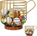 Coffee Pod Holder,Bar Accessories - Espresso Pod Holder - Large Capacity Black Wire Coffee Basket With Wooden Base