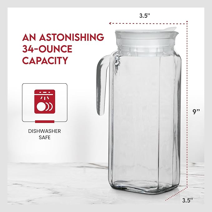 Amici Home Italian Igloo Quadra Glass Pitcher with Lid and Spout | 34 Ounce | Clear Glass Water Pitcher for Refrigerator | Carafe for Iced Tea, Juice, Milk, Cold Brew and Mimosa Bar