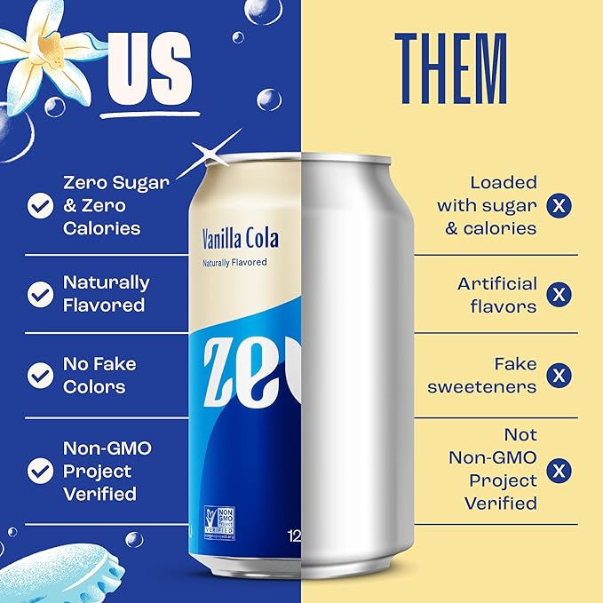 Zevia Zero Sugar Soda, Vanilla Cola, 12 oz Cans (24-Pack) – Naturally Sweetened, Non-GMO Project Verified, Gluten-Free, Vegan