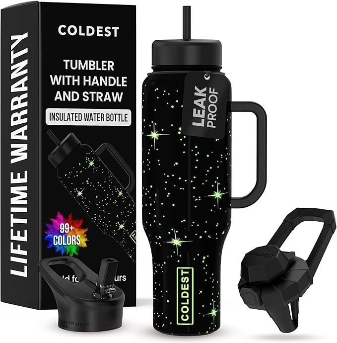 Coldest 40 oz Tumbler with Handle and Straw - 100% Leak Proof Insulated Tumbler with Lid and Straw (3 Lids) - Stainless Steel Tumblers for Women & Men - Cup Holder Friendly Base, 46 oz (Farther Away)