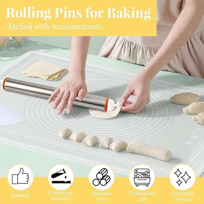 Adjustable Rolling Pin with 4 Thickness Rings for Baking, 17” Stainless Steel Dough Roller with Clear Measurement Markings for Pizza, Fondant, Pie, Cookies, Baking Supplies, Pastry, Pasta