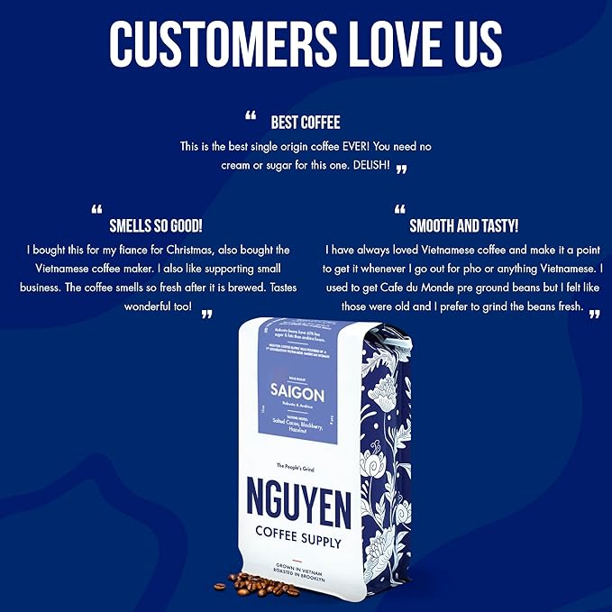 Nguyen Coffee Supply - Saigon Robusta & Arabica Blend: Dark Roast Premium Whole Coffee Beans, Vietnamese Single Origin, Low Acid with High Caffeine Content, Roasted in Brooklyn [12 oz Bag]