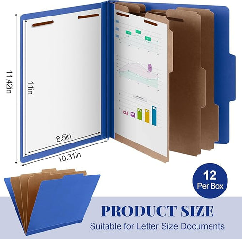 12 Pcs Classification Folders Letter Size, Back to School Supply for Teacher, Student, 3 Dividers Pressboard File Folder Bulk with 2 Fasteners, 3.5 Inch Expanding File Organizer (Dark Blue)