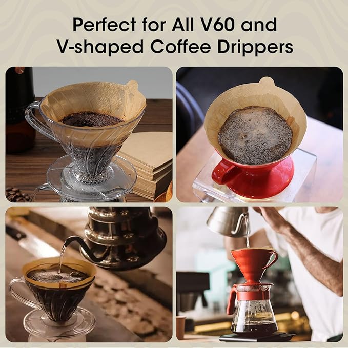 V60 Coffee Filters 02, ONIOU Unbleached Size 02 Cone Coffee Filters, 100 Count Natural Brown Pour Over Paper Filters for Hario V60 & Others 1–4 Cup Coffee Dripper
