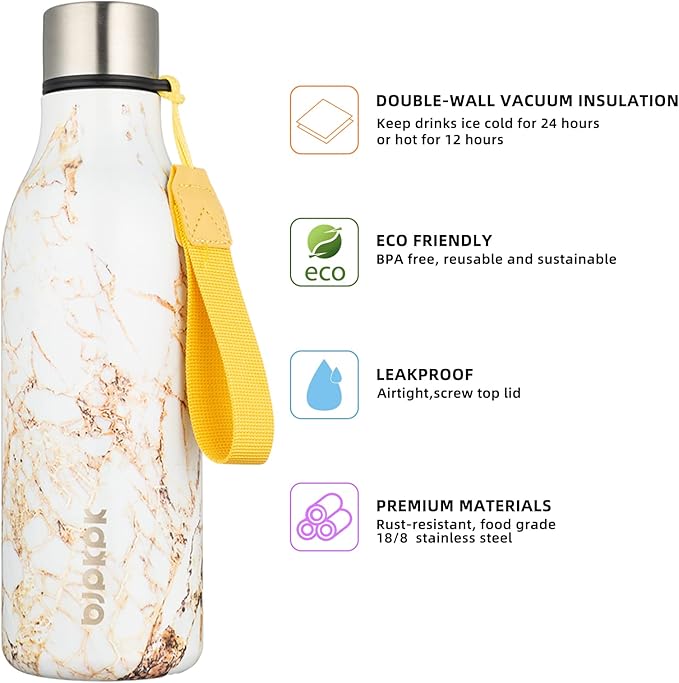 BJPKPK Insulated Water Bottles, 18 oz Stainless Steel Metal Water Bottle with Strap, BPA Free Leak Proof Thermos, Mugs, Flasks, Reusable Water Bottle for Sports & Travel, Marble-Amber