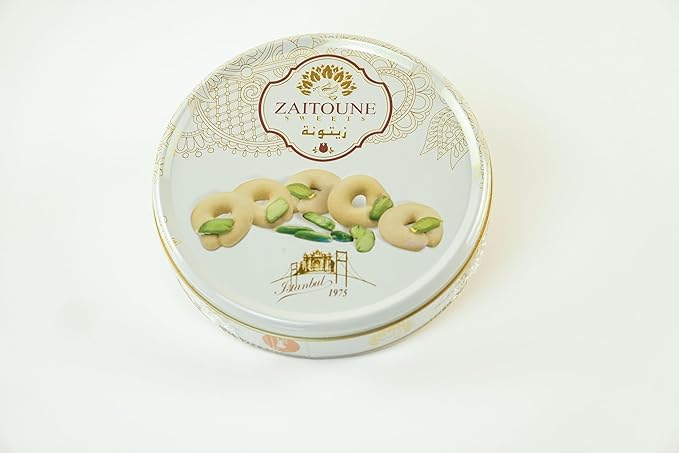 Zaitoune Ghraybeh Cookies - 1.1 lb | Luxurious Traditional Middle Eastern Pistachio Shortbreads Handcrafted in Turkey | Beautiful Reusable Gift Tin | Perfect for Dessert | Great Sharing Present