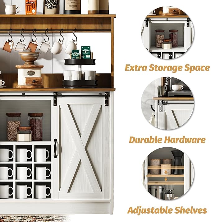 4ever2buy Farmhouse Coffee Bar Cabinet with 6 Hooks, 47'' Kitchen Coffee Bar with Hutch and 9 Wine Racks, White Sideboard Buffet with Sliding Barn Door for Dining Living Room