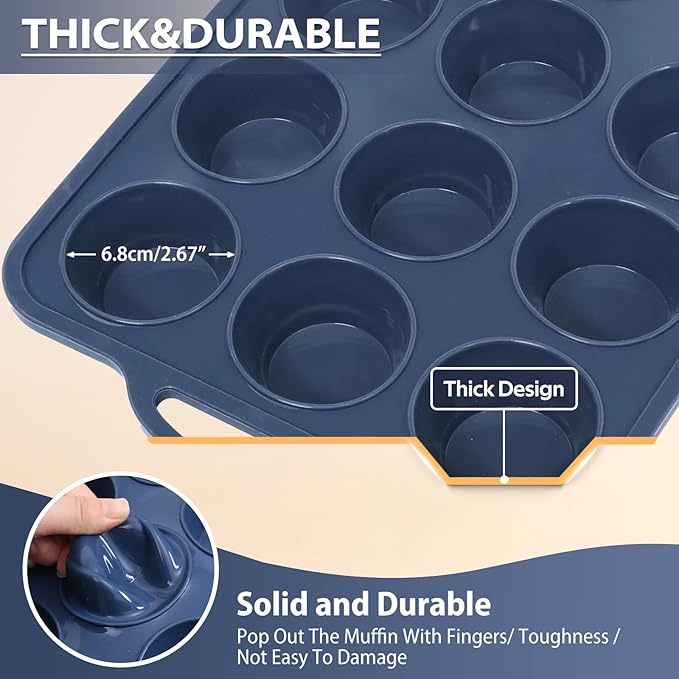 2 pack Silicone Muffin Pan with Metal Frame, Non Stick Silicone Cupcake Pan with Handles Regular 12 Cup, BPA Free Silicon Muffin Tin Tray for baking, egg bites, Cupcake Mold Grey