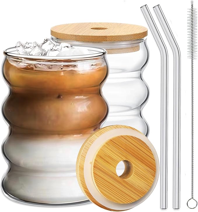 2 Pcs Drinking Glasses with Bamboo Lids and Glass Straw 14oz Glassware Set,Cocktail Glasses,Iced Coffee Glasses,Beer Glasses,Ideal for Water,Soda,Tea,Gift - with Cleaning Brushe