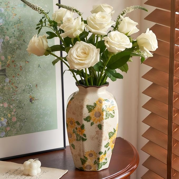 Vintage Pastoral Octagonal Vase, 9.3 Inch Ceramic Sunflower Flower Vases, Rustic Farmhouse Antique Chinoiserie Floral Vase for Wall Art Bedroom and Shelf Home Decor (Octagonal)